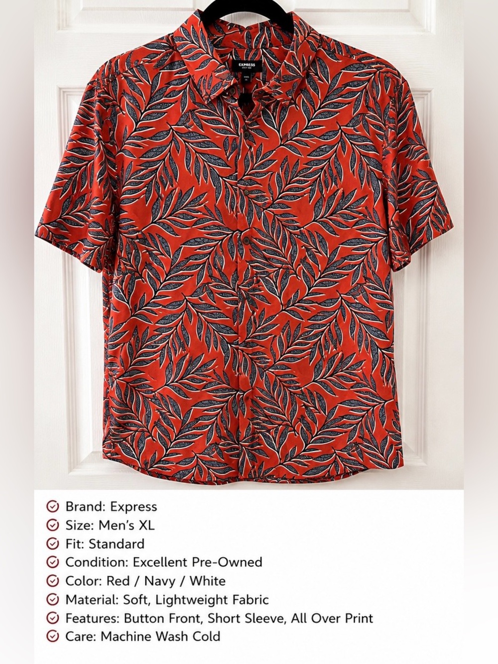 Express Men’s Red Leaf-Print Short Sleeve Button-Down Shirt